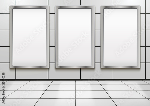 Empty mock-up three vertical billboards inside metro or subway. Vector Illustration isolated on white background.
