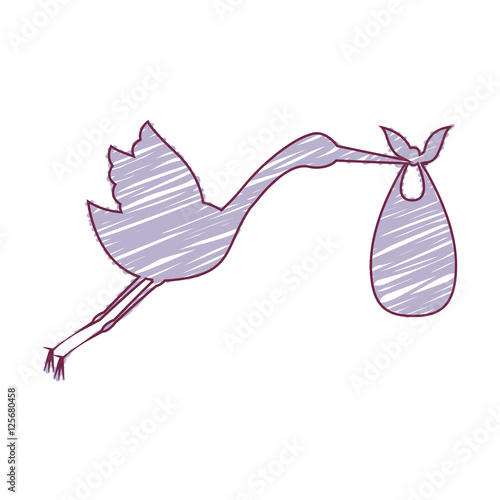stork holding a baby basket icon over white background. draw and sketch design. vector illustration