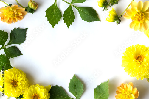 Fotografija Frame of yellow flowers and green leaves dahlia