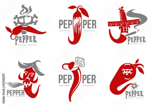 Set of chili pepper vector logo illustration, isolated on white background. Hot and spice chili pepper logo, skull and bones, mexican cuisine, sombrero and cigar