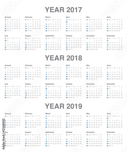 Simple Calendar template for 2017 to 2019