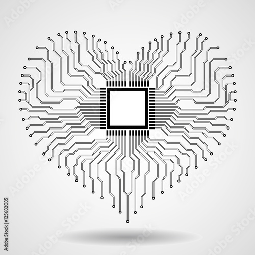 Abstract electronic circuit board in shape of heart, technology background