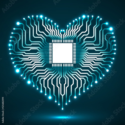 Abstract neon electronic circuit board in shape of heart, technology background