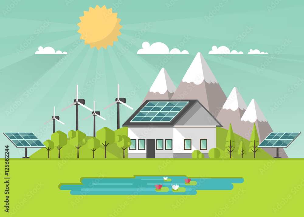 Eco Landscape Flat Design. Eco concept. Illustration of solar panel, with wind turbines. Renewable energy vector.

