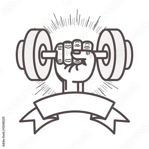 hand holding a dumbbells gym equipment with ribbon and sunburst icon over white background. sport and exercise design. vector illustration