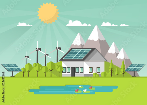 Eco Landscape Flat Design. Eco concept. Illustration of solar panel, with wind turbines. Renewable energy vector.