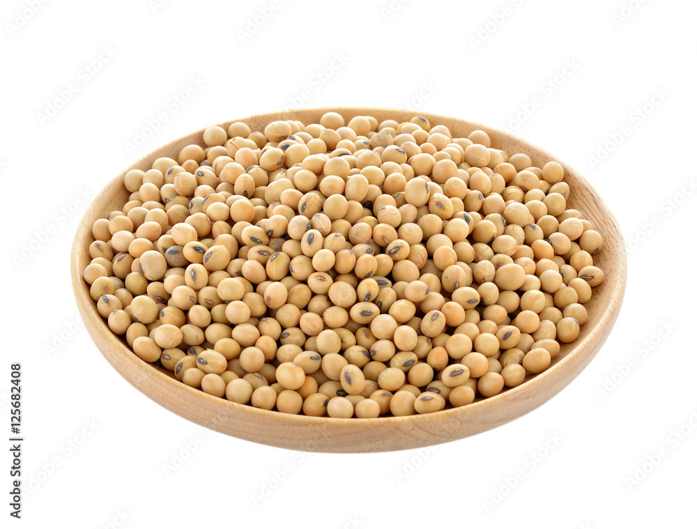 soy bean in wood plate isolated on white background soy bean in wood plate isolated on white background