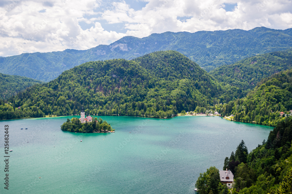 Aerial view of Bled lake and island, Slovenia