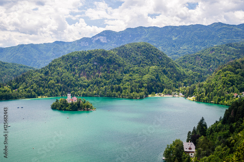 Aerial view of Bled lake and island  Slovenia