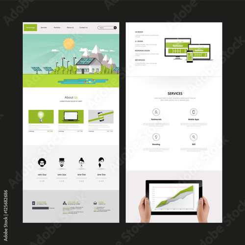 Modern Eco website template with flat eco landscape illustration