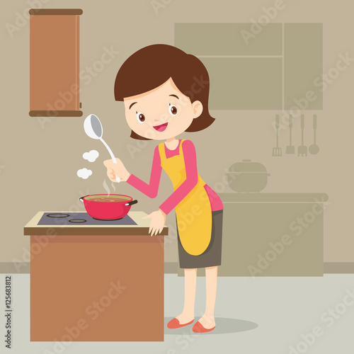 mom cooking in kitchen vector cartoon illustration.woman cooking and presenting at kitchen.