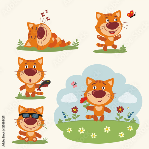 Vector set funny kitten cat in different poses on summer meadow with flowers. Collection little kitten cat in cartoon style.