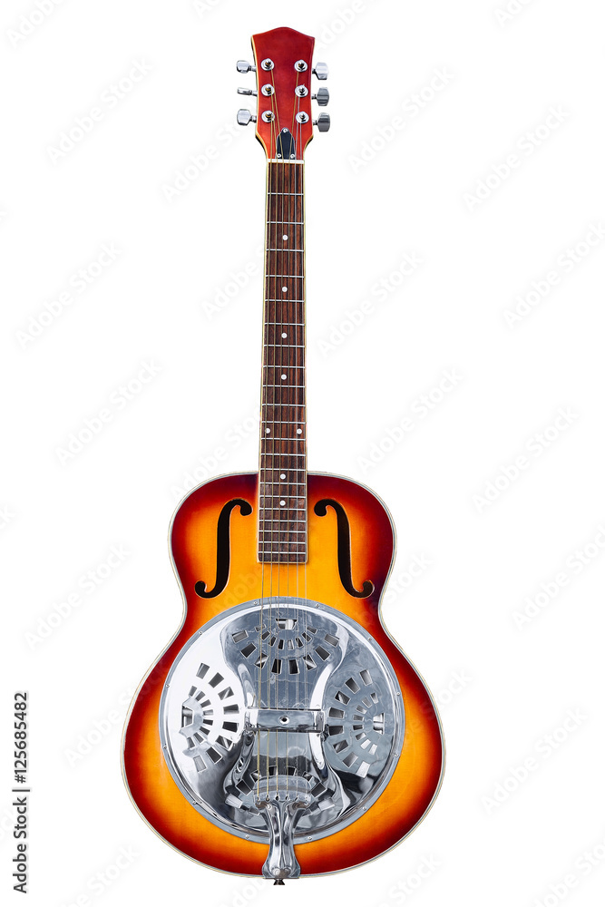 classic musical instrument, six-string resonator guitar isolated on white background - obrazy, fototapety, plakaty 