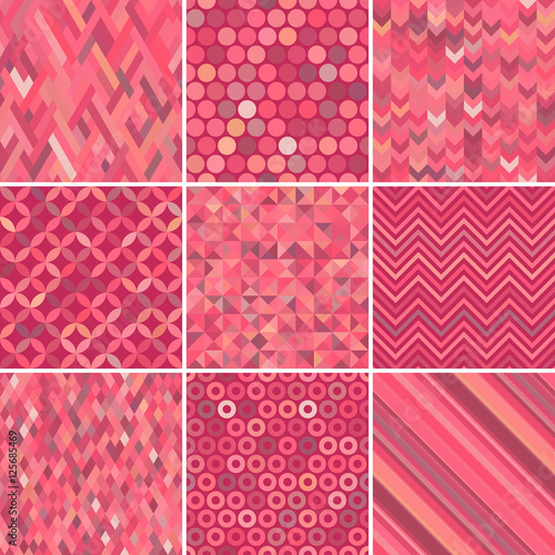 Set of abstract colorful background, 9 geometric pattern, vector illustration. Texture can be used for printing onto fabric and paper. Red, pink colors