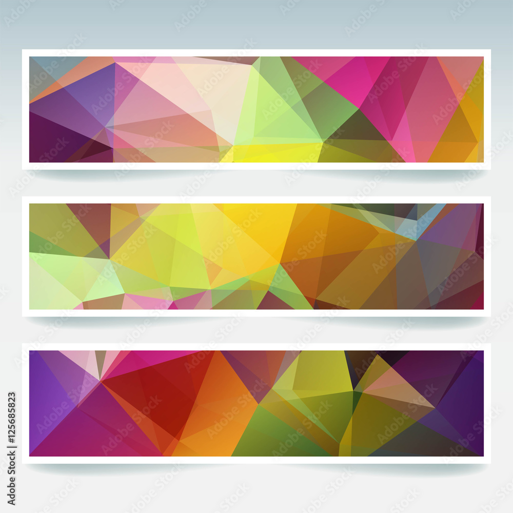 Set of banner templates with colorful abstract background. Modern vector banners with polygonal triangles. Yellow, green, red, purple colors.