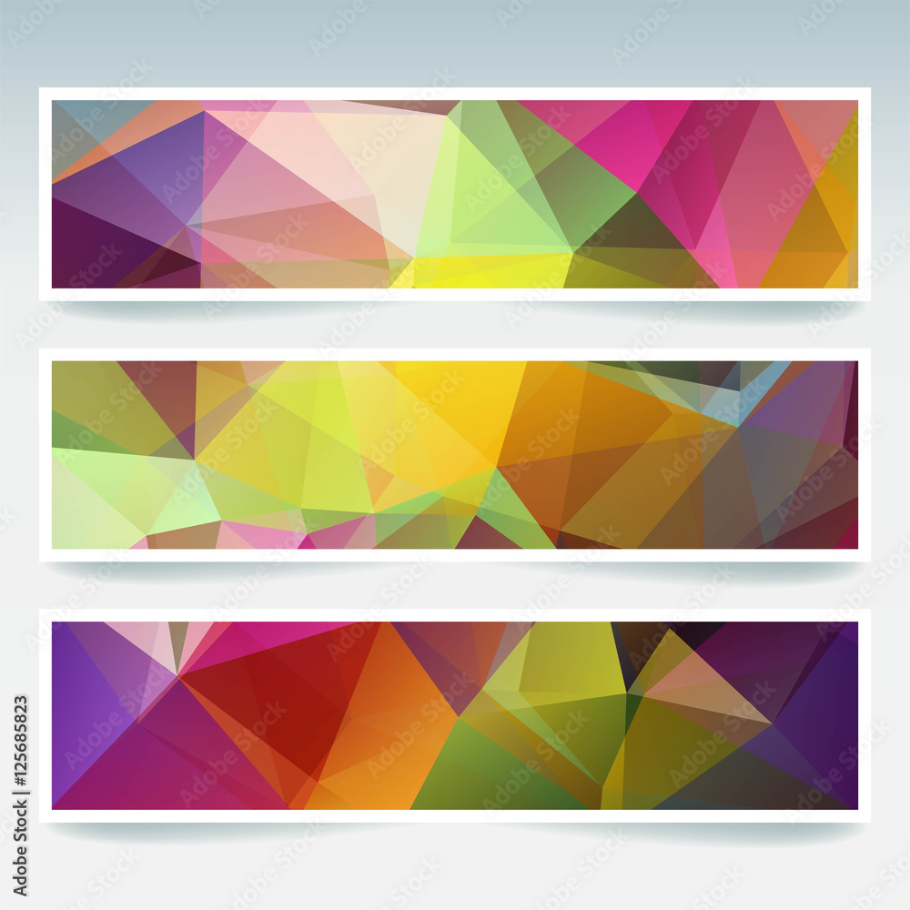 Set of banner templates with colorful abstract background. Modern vector banners with polygonal triangles. Yellow, green, red, purple colors. Set of banner templates with colorful abstract background. Modern vector banners with polygonal triangles. Yellow, green, red, purple colors.