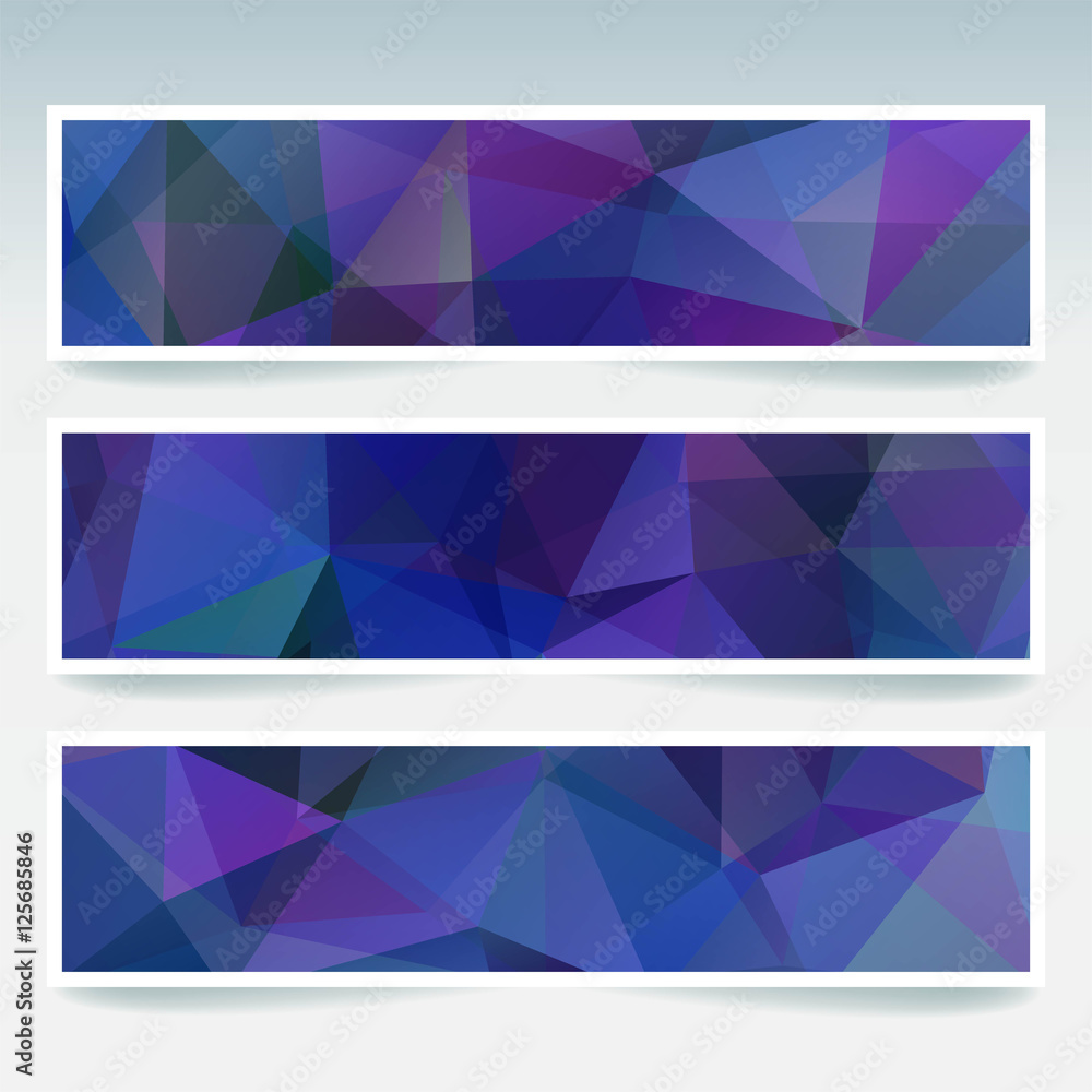 Set of banner templates with abstract background. Modern vector banners with polygonal background. Blue, purple colors