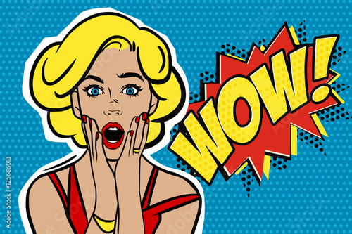 Pop art surprised blond woman face with open mouth. Comic woman with speech bubble. Vector illustration. photo