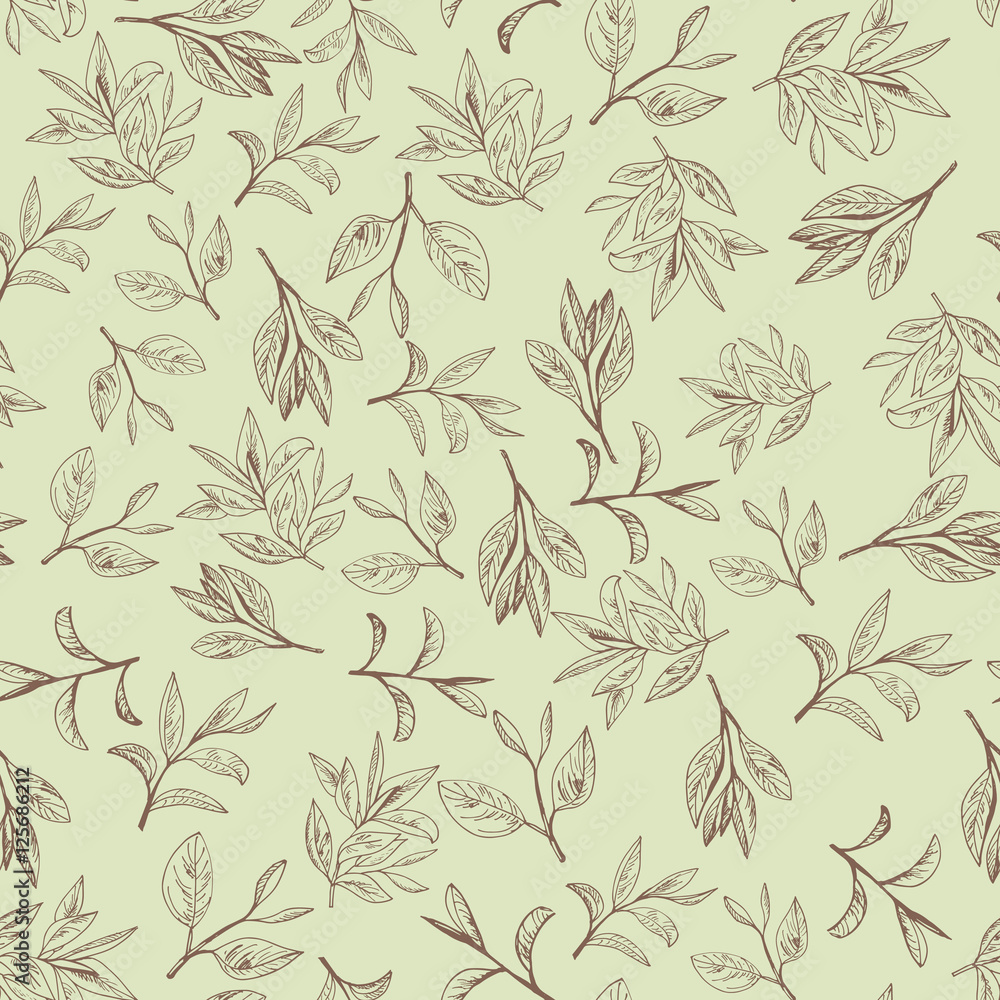 seamless pattern with tea leaf. Hand drawn seamless pattern with tea leaf. Hand drawn