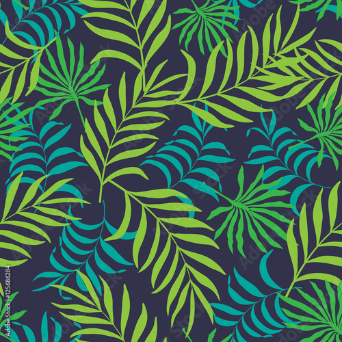 Seamless pattern with hand-drawn tropical leaves. 