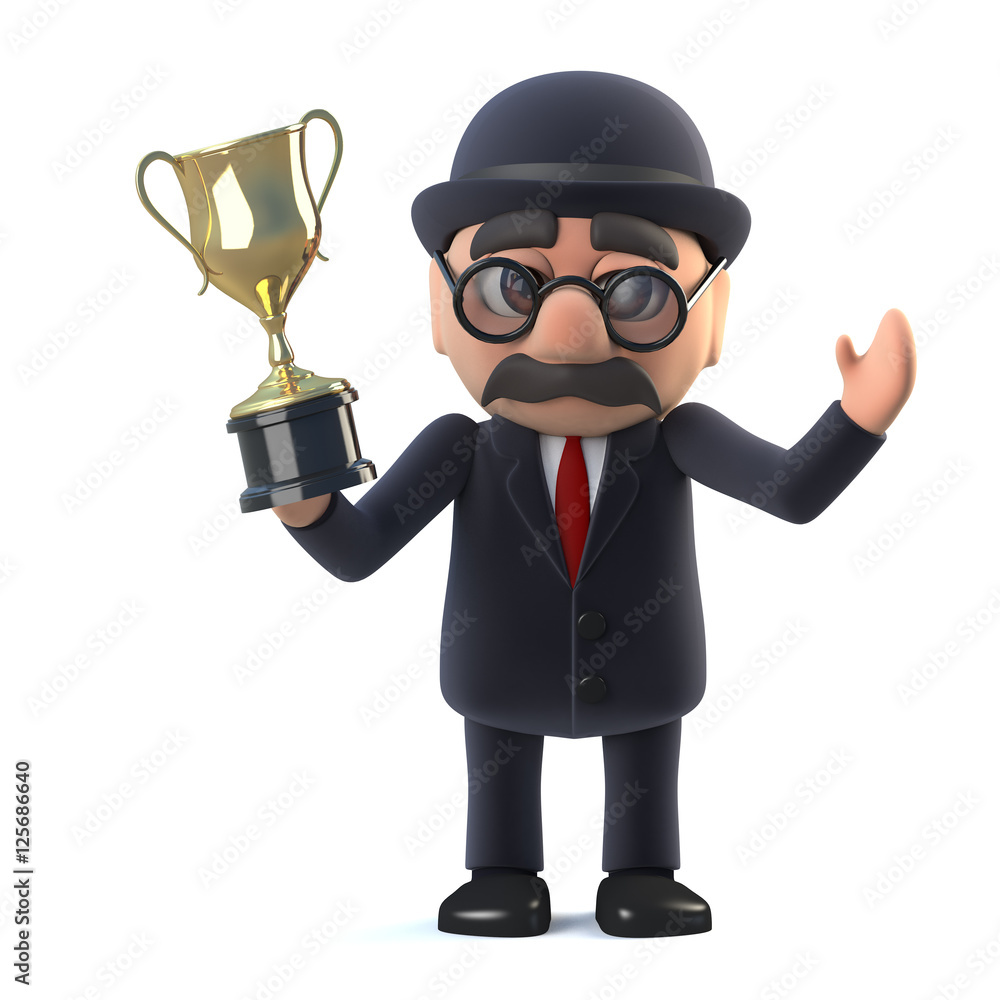 Obraz premium 3d Bowler hatted British businessman has won the gold cup trophy award.