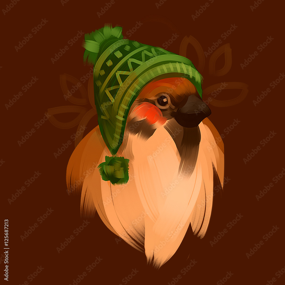 a-rt sparrow （Cute sparrow bird in a winter knitted hat. Raster 
