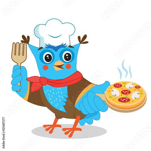 Owl Chef With Pizza. Cute Image On A White Background. Funny Owl Cartoon Vector Illustrations. Owl Sticker, Toy. Pizza Maker.