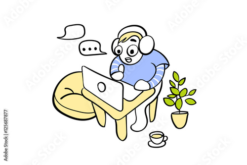 Creative guy chating in the workplace. Vector illustration isolated on a white background.