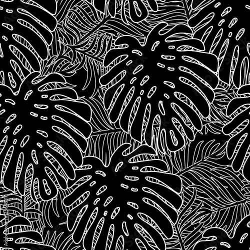 Seamless black and white tropical pattern of Palm branch and leaves. Vector illustration