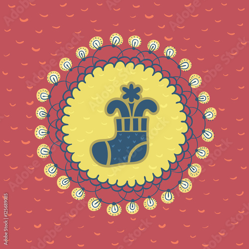 Christmas and New Year round frame with stocking symbol. Greeting card.