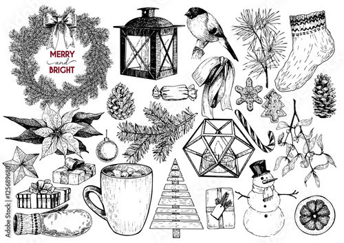Xmas engraved objects. Fir branch, lantern, poinsettia, mistletoe, cookie, cone, snowman, cup, candy, glove, gift, ball.