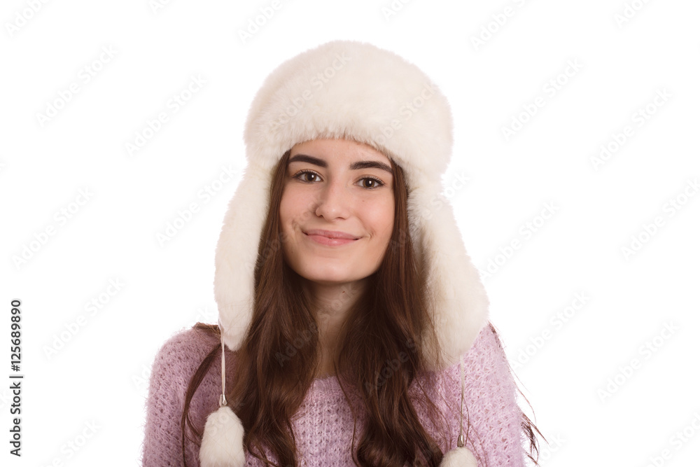 happy woman in fur hat isolated on white background