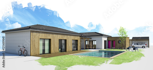modern house with pool, exterior view, 3d rendering