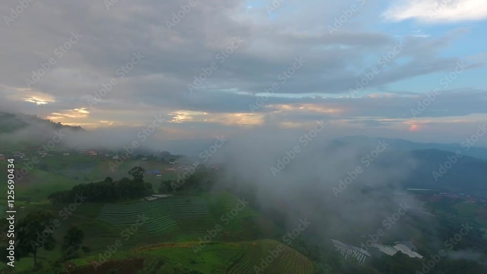 Aerial View Flight over the Mountains. Flying over the River. Forest Valley. Morning Fog Aerial View Flight over the Mountains. Flying over the River. Forest Valley. Morning Fog