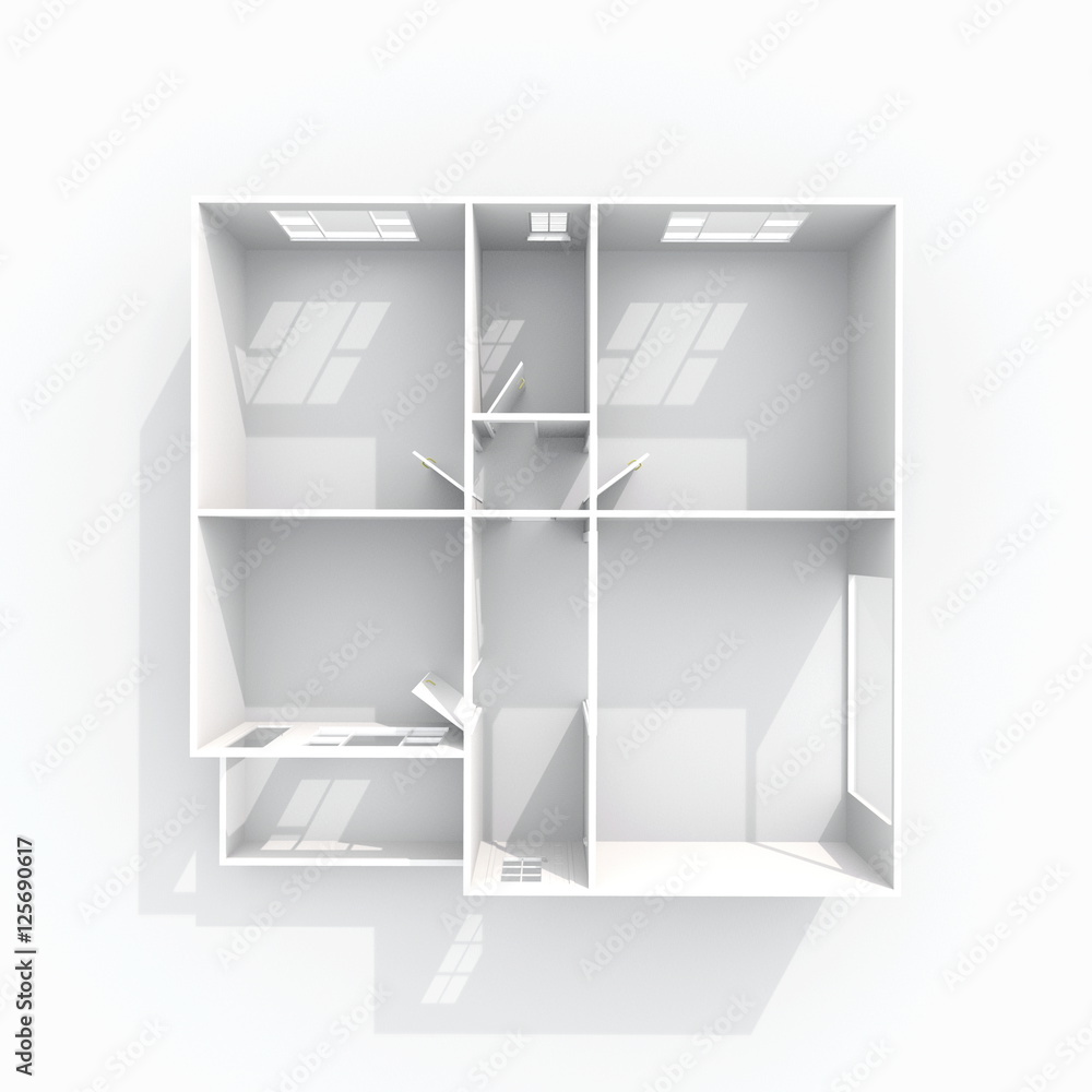 3d interior rendering of square empty paper model home apartment