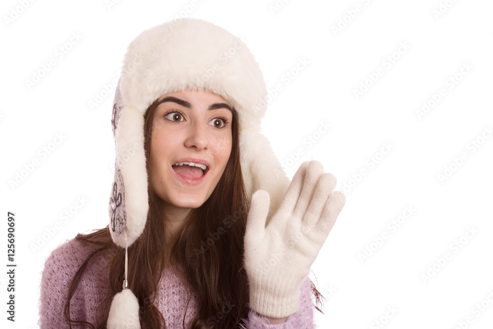 fun girl in winter hat screaming isolated on white background fun girl in winter hat screaming isolated on white background
