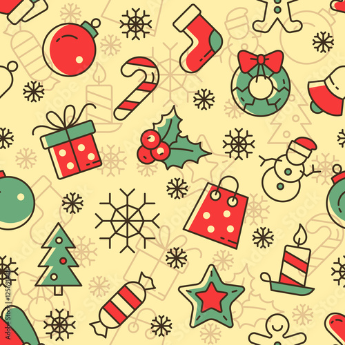 Christmas vector seamless pattern. Colorful outline icons on yellow background. Vector Illustration. Christmas and New Year concept.