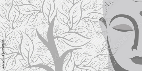vector artwork of Buddha in meditation with trees background 