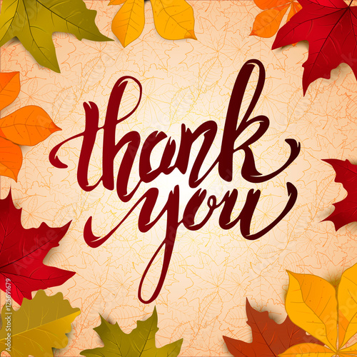 Thank You. Hand drawn lettering on light background yellow autumn leaves. Design elements for greeting card, flyer, poster. Vector illustration.