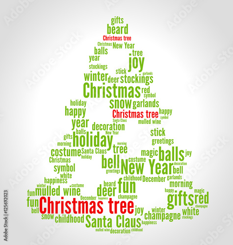 Christmas tree word cloud concept in shape of fir on gradient background. Vector.
