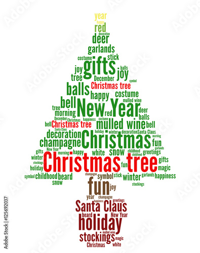 Christmas tree word cloud concept in shape of fir on white background. Vector.