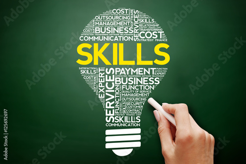 SKILLS bulb word cloud collage, business concept on blackboard