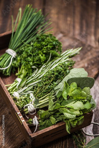 fresh aromatic herbs on kitchen table photo