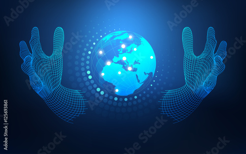 abstract technology backdrop,  digital modern globe, wireframe hand holding global; communication world in wireframe hand