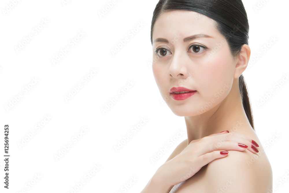 Naklejka premium beauty asian red lipstick woman nail polish finger on shoulder