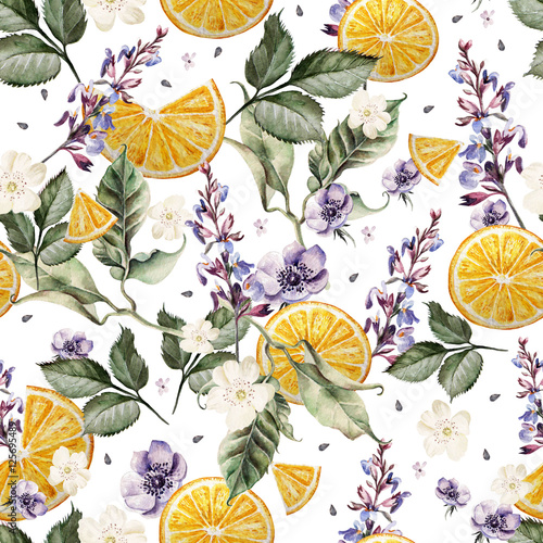 Fototapeta Kolorowy wzór akwareli z kwiatami lawendy, zawilcami i pomarańczowymi owocami. Ilustracje.