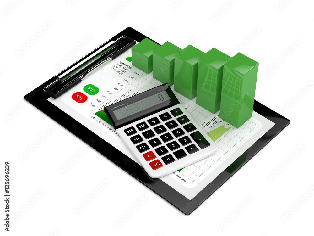 3d rendering of chart growth with calculator and clipboard 3d rendering of chart growth with calculator and clipboard