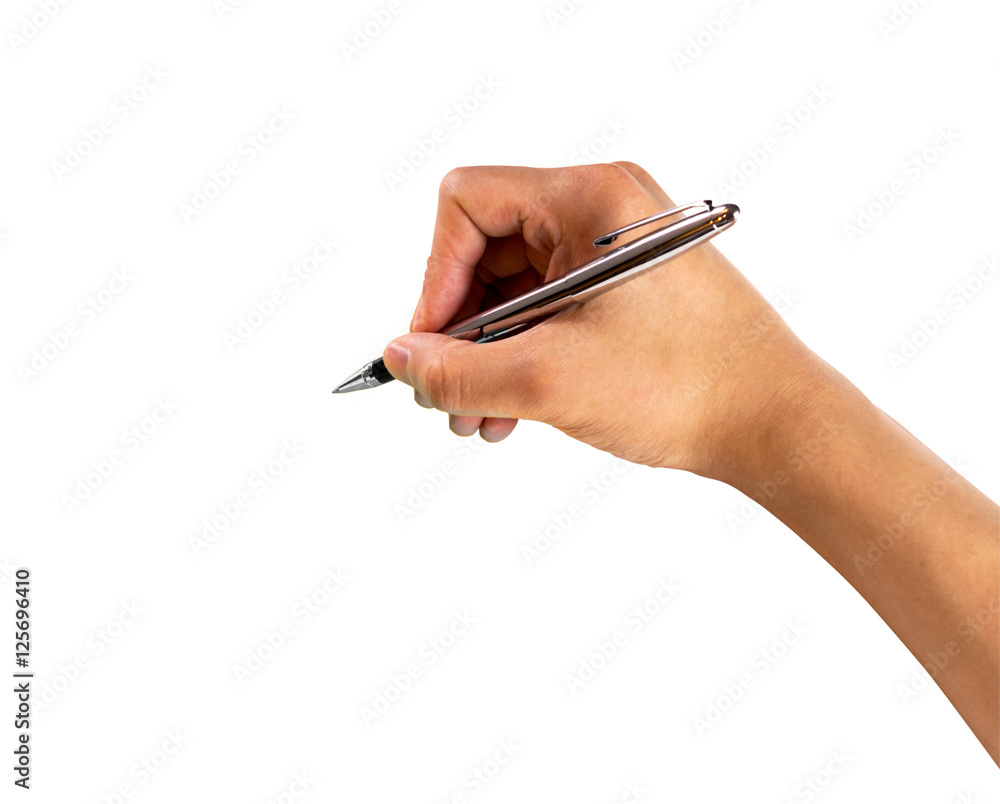 Man hand writing, and holding silver pen, isolated, with clippin Man hand writing, and holding silver pen, isolated, with clippin