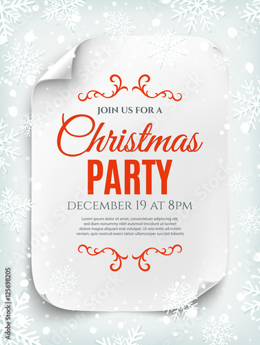 Christmas party invitation poster on winter background.