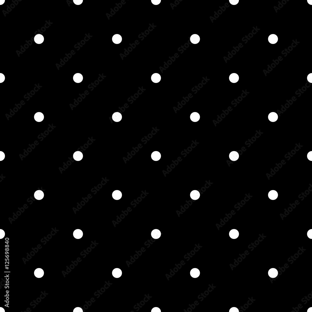 Seamless polka dot pattern. White dots on black background. Vector illustration.